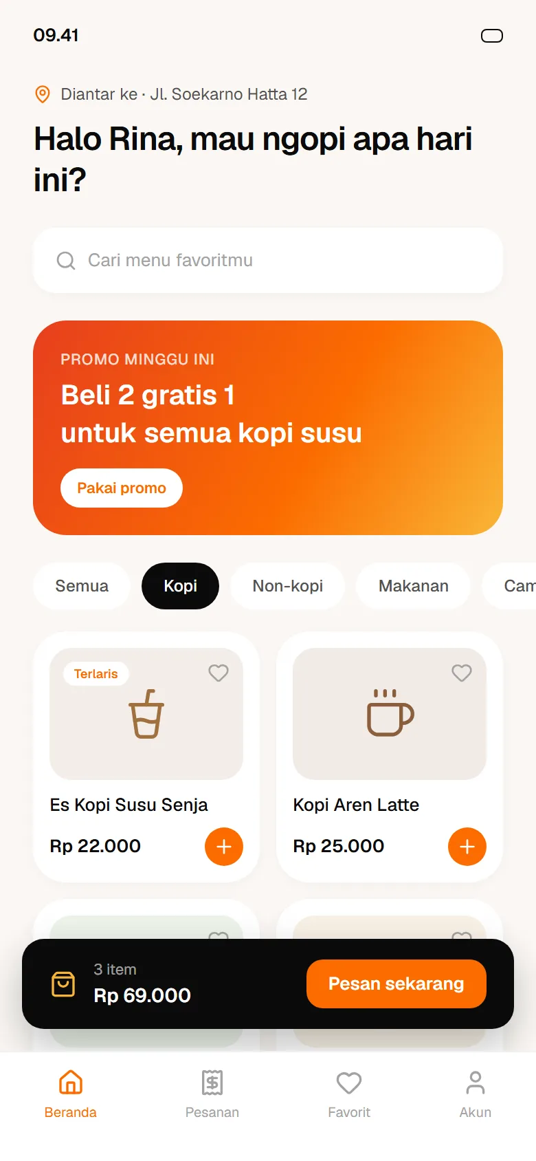 Contoh aplikasi mobile: aplikasi pemesanan kopi dengan menu dan keranjang