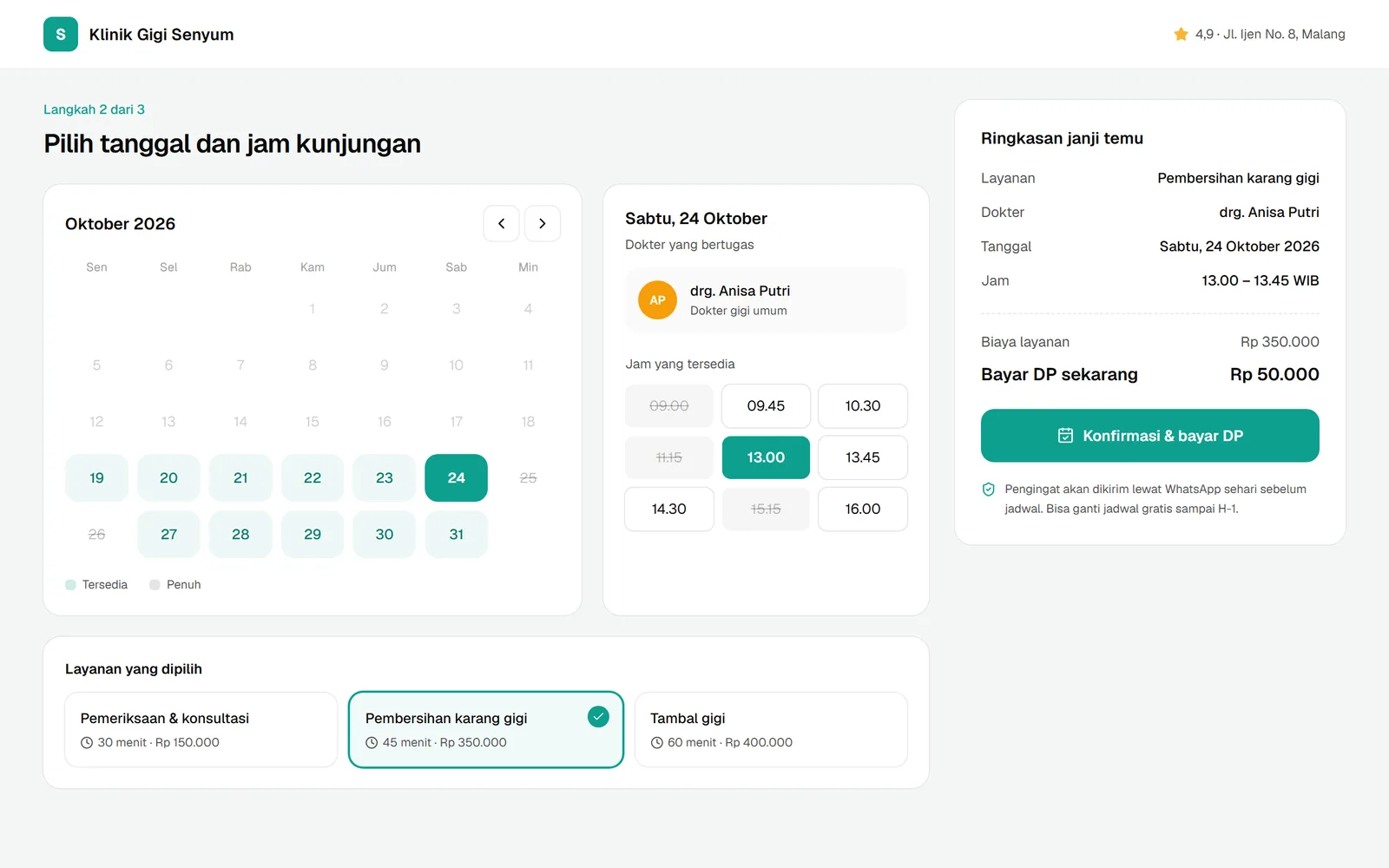 Contoh sistem reservasi: kalender dengan pilihan jam yang tersedia