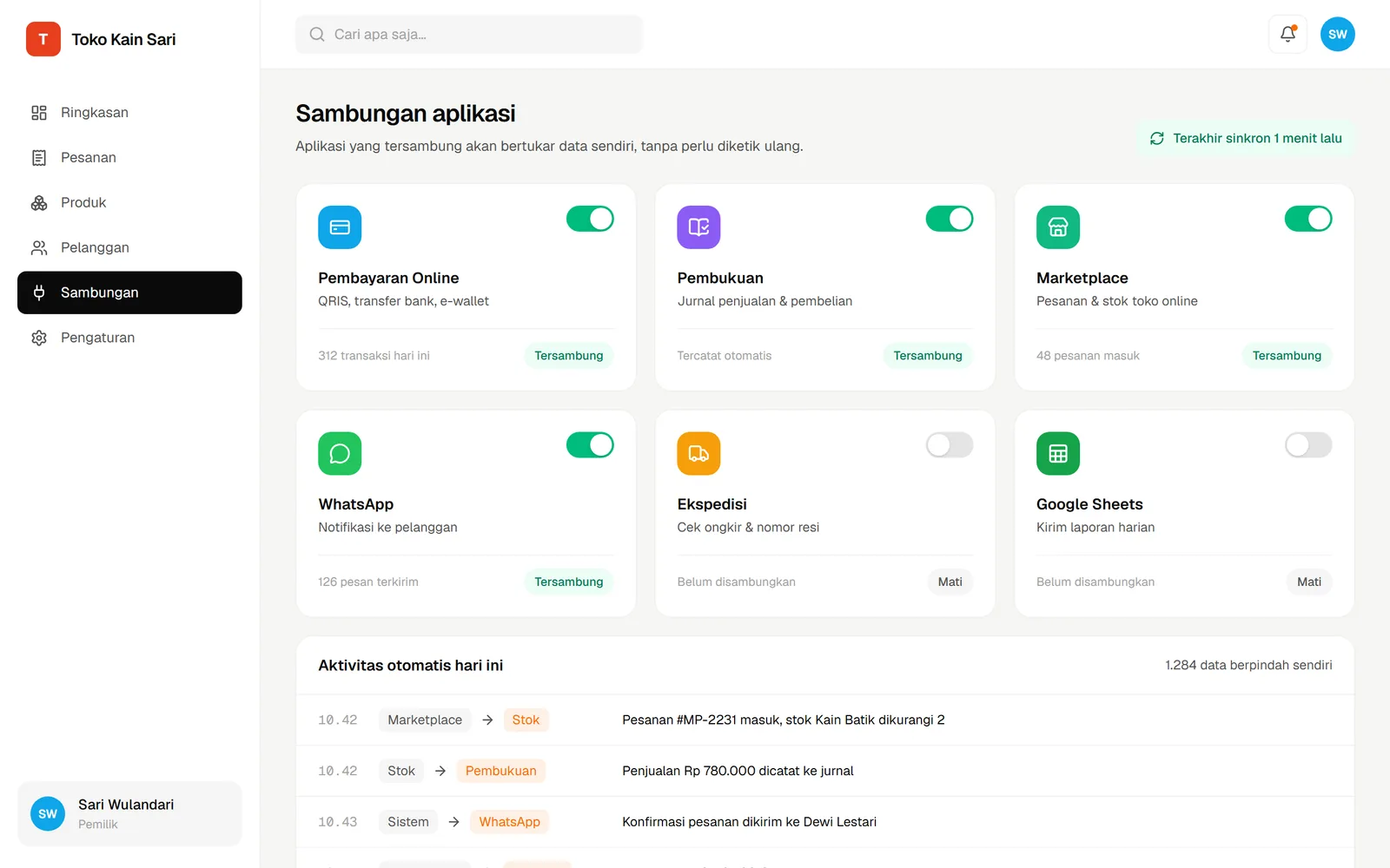 Contoh halaman integrasi yang menghubungkan pembayaran, akuntansi, marketplace, dan WhatsApp